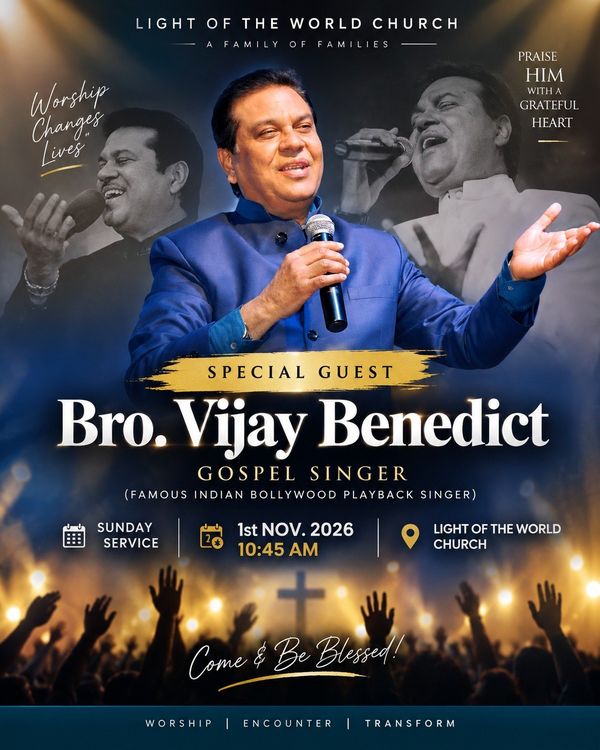 Poster: Bro. Vijay Benedict at the Sunday service, 1 November 2026