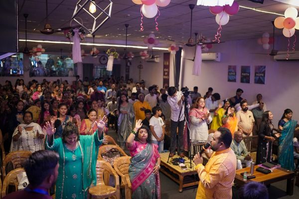 The hall full and decorated for the anniversary