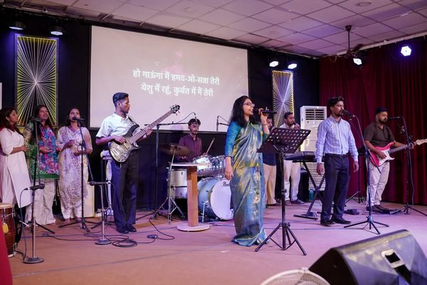 The worship team during a Sunday service